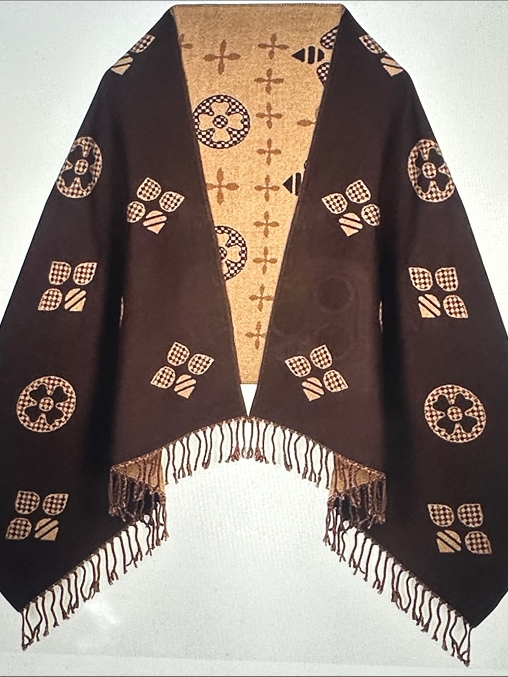 Women’s elegant Brown Patterned Fringe Shawl